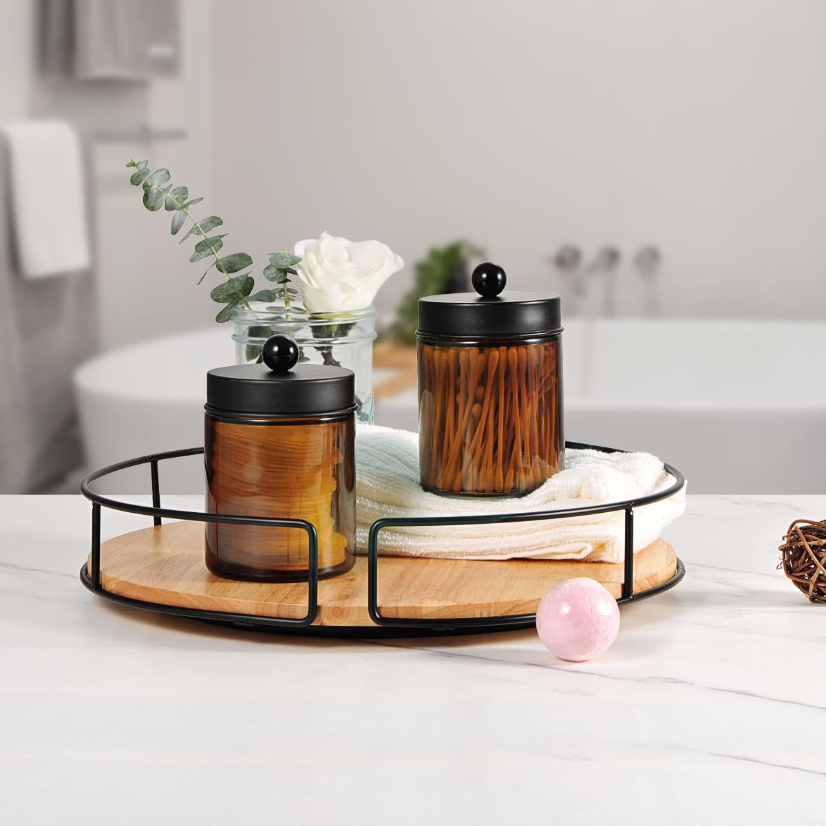 Amolliar Amber Glass Qtip Holder, Apothecary Jars with Matte Black Metal Lid & Stickers-Bathroom Qtip Dispenser Storage Organizer Set,Vanity Counter Canister for Cotton Swabs,Round Pads,Floss (6 Pack)