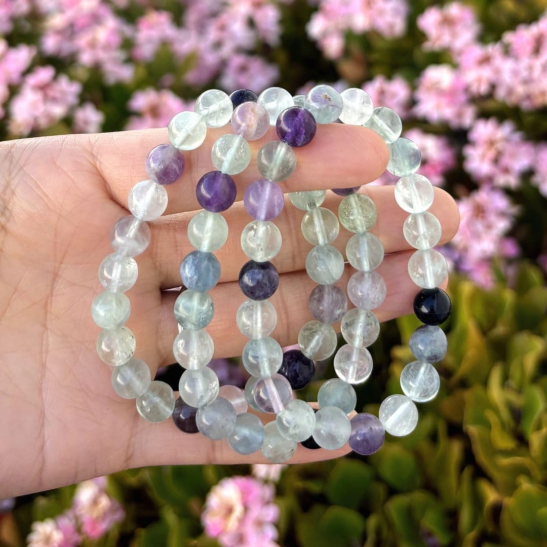 Adabele Real Natural Multicolor Fluorite Gemstone Beaded Bracelet 7.5 inch Stretch Chakra Healing Crystal Stone Jewelry Women Mom Gift GB8-B2