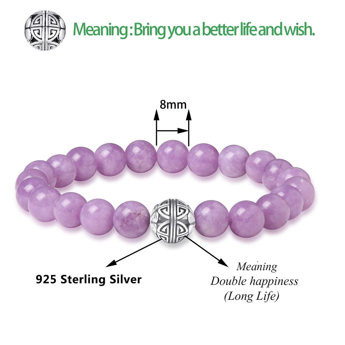 MetJakt Healing Crystals Beaded Bracelets for Womens Natural Gemstone 8mm Beads Stretch Bracelets with 925 Sterling Silver Double Happiness Pendant (Purple chalcedony)