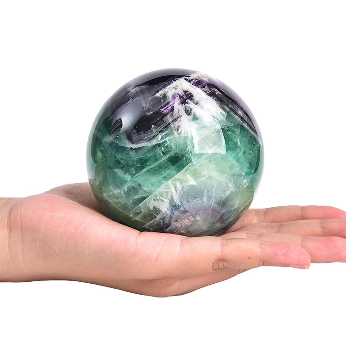 JIC Gem 3.1-3.5 inch(80-90mm) Large Crystal Ball Feather Fluorite Healing Crystals Sphere with Wooden Stand Meditation Home Decor
