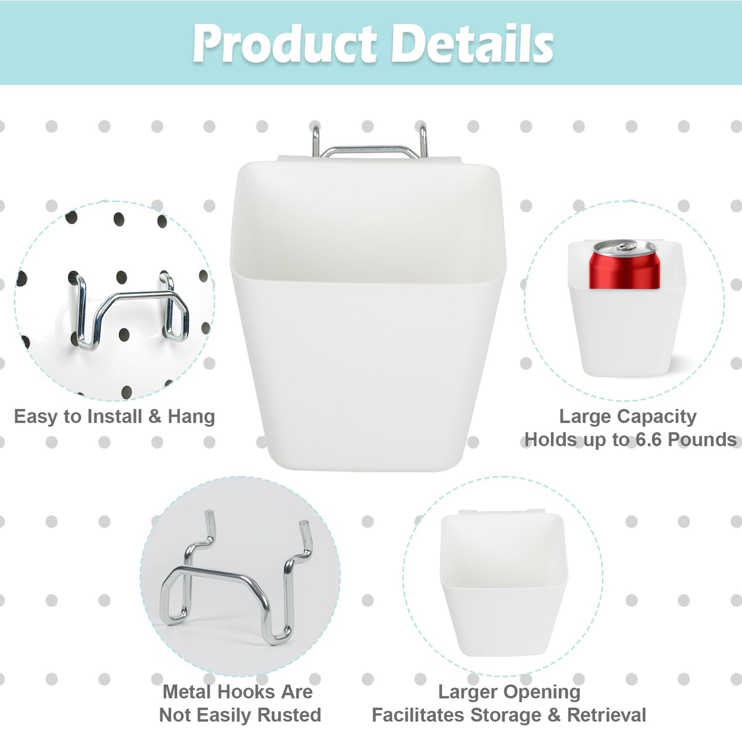 FIMXSD 8 Pack Large Pegboard Bins with Hooks, Square Box Shape Peg Board Cups and Peg Board Accessories for Craft Room, Playroom, Office, Garage, and Wall Mount Organization (White)