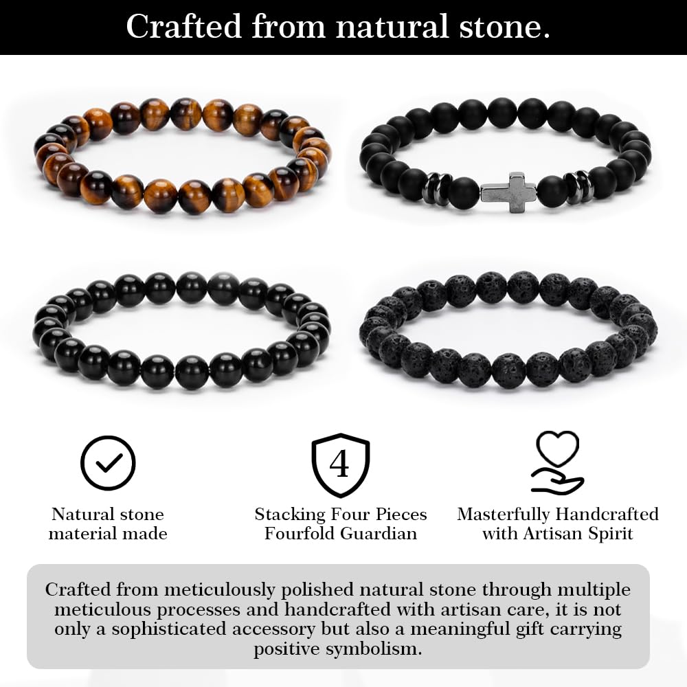 Crystery Men Beaded Bracelets, 8mm Natural Stone Bracelet, Healing Crystal, Jewelry Gifts for men, Triple Protection, Black Onyx, Tiger Eye, Black Obsidian Beads Bracelets, Lava Rock, Pack of 4