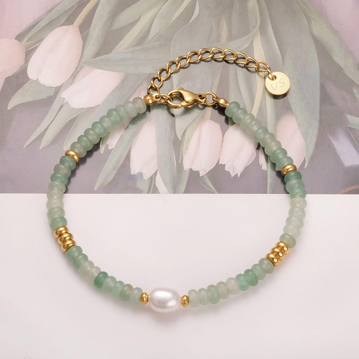 vissen Green Natural Stone Bracelet for Women with White Pearl Gold Plated Beaded Adjustable Dainty Jewellery