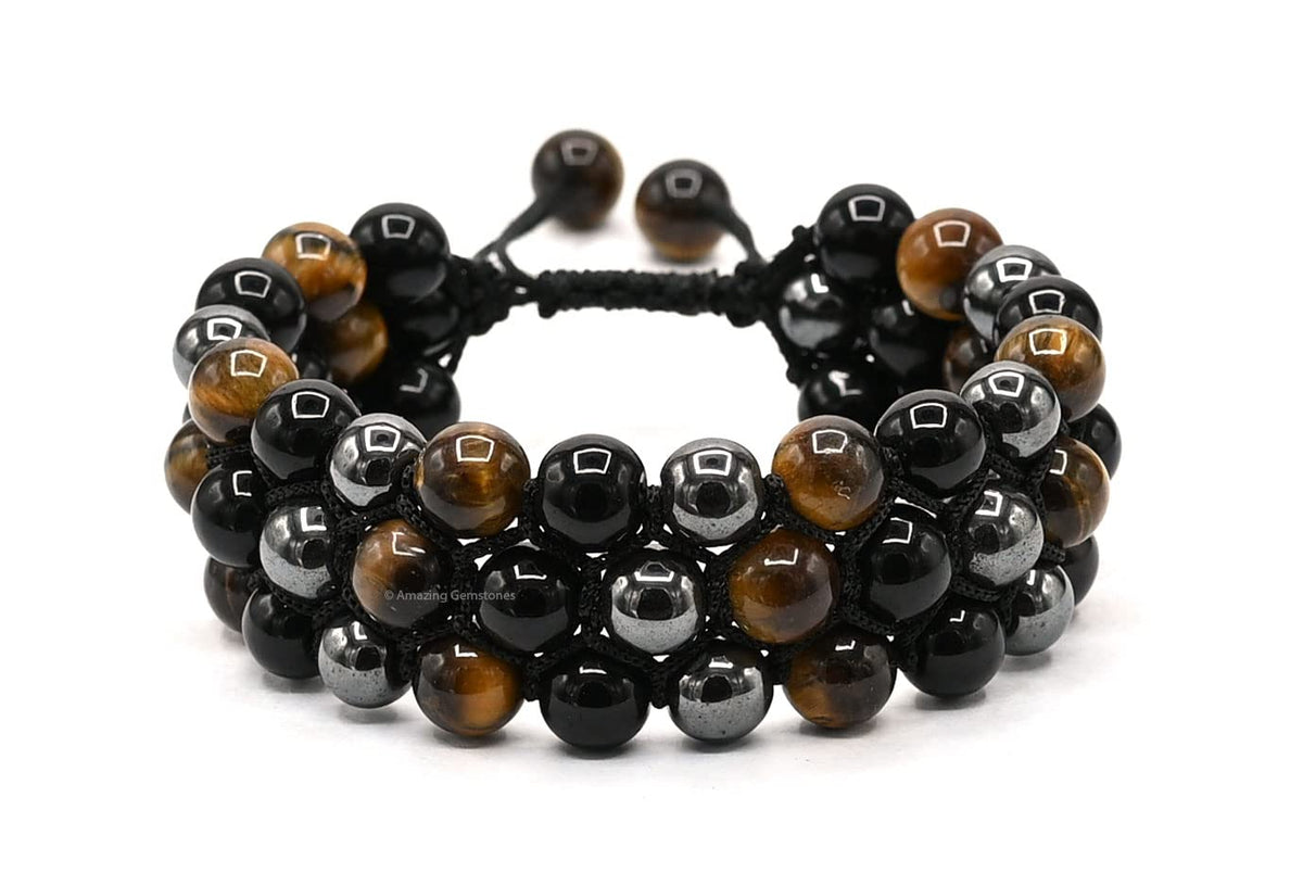 Amazing Gemstone Triple Protection Bracelet - Hematite Black Obsidian Tiger Eye Bracelet Set for Men Women Healing Calming Anxiety Stress Relief Gifts Stocking Stuffer (Adjustable, 3 Layer)