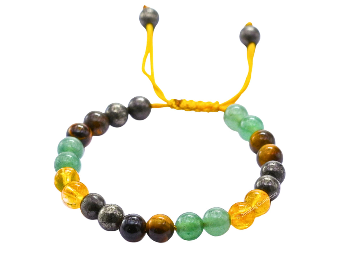 Amazing Gemstone Money Success Pyrite Bracelet - Citrine Quartz, Green Aventurine, Tiger Eye Protection Healing Crystal Bracelet - 8mm Gemstones Beaded Adjustable Bracelet Pulseras Para Hombres Mujer