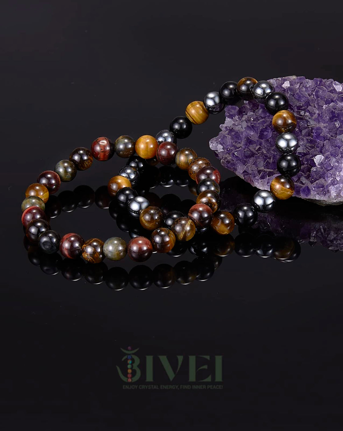Bivei Natural Gemstone Semi Precious Crystals Handmade Stretchy Round Beads Bracelet, Enhance Positive Energy,Stocking Stuffers for Women(Triple Protection SetSmall)