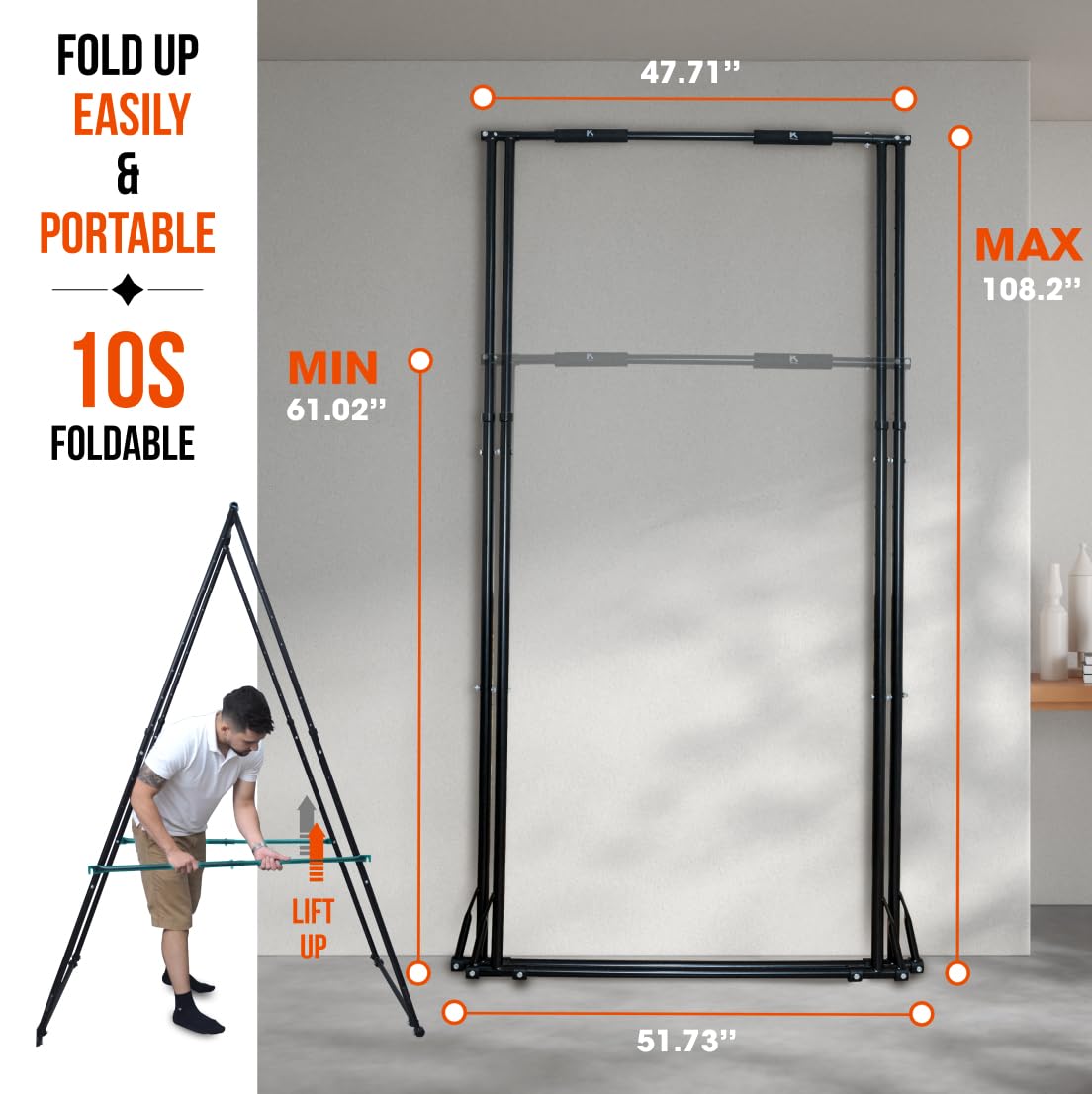KT TOES DON'T TOUCH GROUND Foldable Free Standing Pull Up Bar Stand Sturdy Power Tower Workout Station For Home Gym Strength Training Adjustable Pullup Fitness Equipment Multifunctional Exercise Rack