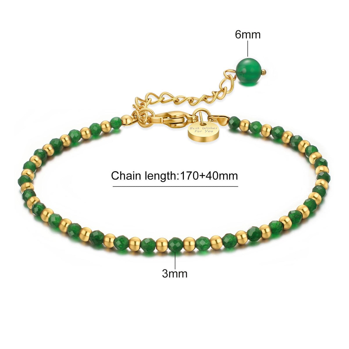 vissen Natural Stone Bracelet for Women Gold Plated Bracelet Beaded Green Agate Stainless steel Adjustable Jewellery