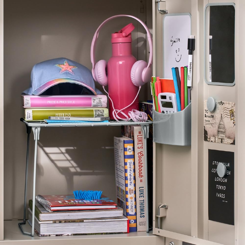 LockerMate by Bostitch 7-Piece Locker Organizer Kit, Includes Locker Shelf, Mirror, Whiteboard, Storage Cup & Dry Erase Marker - Gray