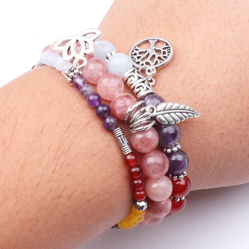 UEUC Natural Gemstone Chakra Bracelets for Women, Multilayer Tree of Life Lotus Crystal Healing Stone Bracelet Sets, Yoga Meditation Reiki Relax Bracelets for Stress Relief(#123)