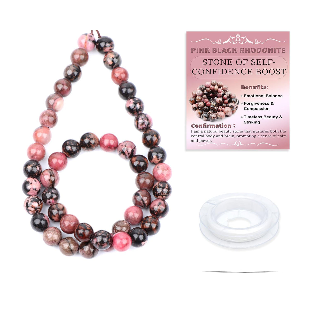 CMBYN Natural Stone Beads Round Genuine Real Stone Beading Strand Loose Gemstones DIY Smooth Bead for Bracelet Necklace Earrings Jewelry Making (Pink Black Rhodonite, 8mm 45 Pieces)