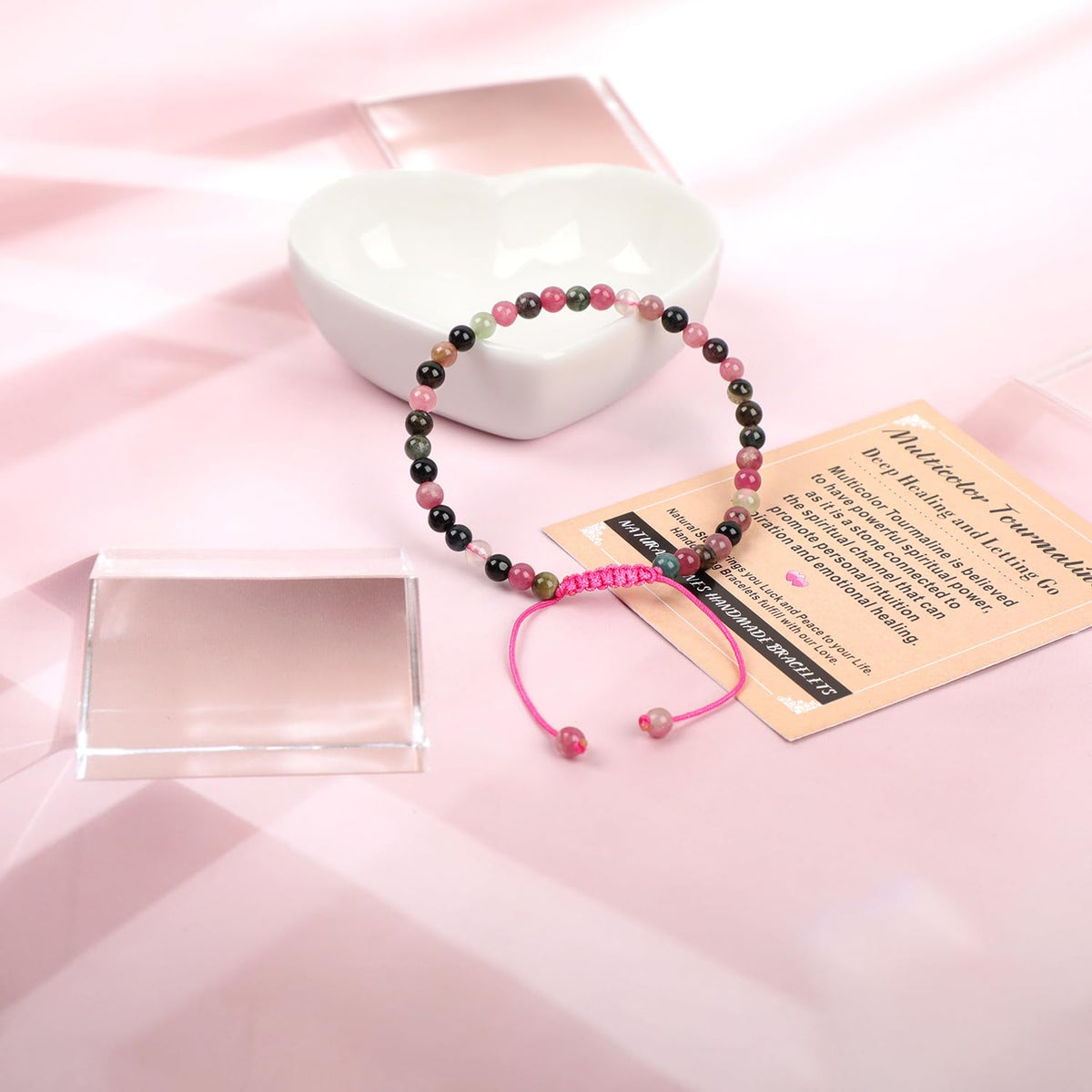 AD Beads 4mm Multicolor Tourmaline Bracelet - Deep healing - Handmade Natural Stone Crystal Bracelet with Adjustable Macrame String - Yoga Healing Power Energy Gifts for Men and Women
