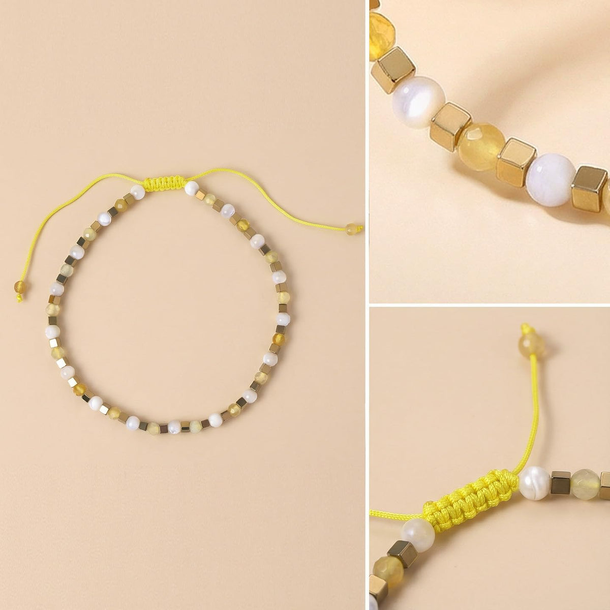 BEADSENER Yellow Opal Adjustable Charming Bracelet for Women, 3mm Natural Shell Gemstone Hematite Stone Beads, Pull String Slider Metal Free Design Waterproof, Gift for Her Daily Wear