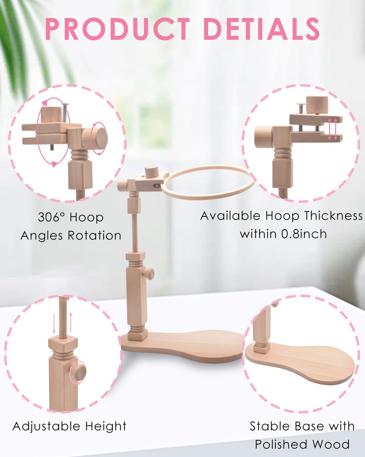 TINDTOP Beech Wood Embroidery Hoop Stand, with 3pcs Embroidery Hoops (3inch + 6inch + 8inch), Adjustable Rotated Wooden Embroidery Hoop Holder for Cross Stitch and Embroidery Projects