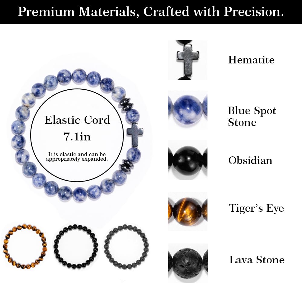 Crystery Men Beaded Bracelets, 8mm Natural Stone Bracelet, Healing Crystal, Jewelry Gifts for men, Triple Protection, Blue Spot Stone, Tiger Eye, Black Obsidian Beads Bracelets, Lava Rock, Pack of 4