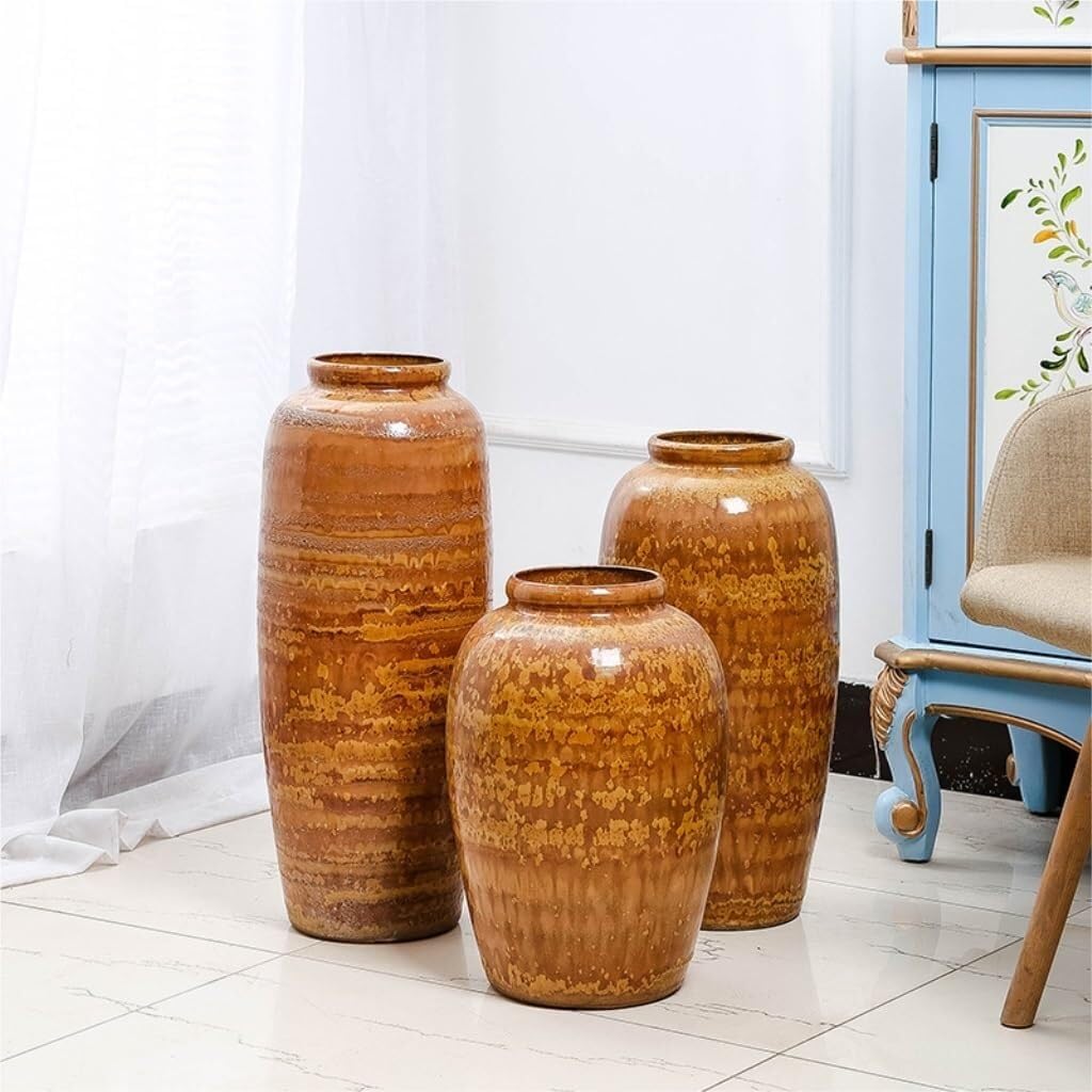 Large Yellow Ceramic Floor Vase, Handcrafted Glazed Pottery for Flower Arrangement, Modern Chinese Style Decor