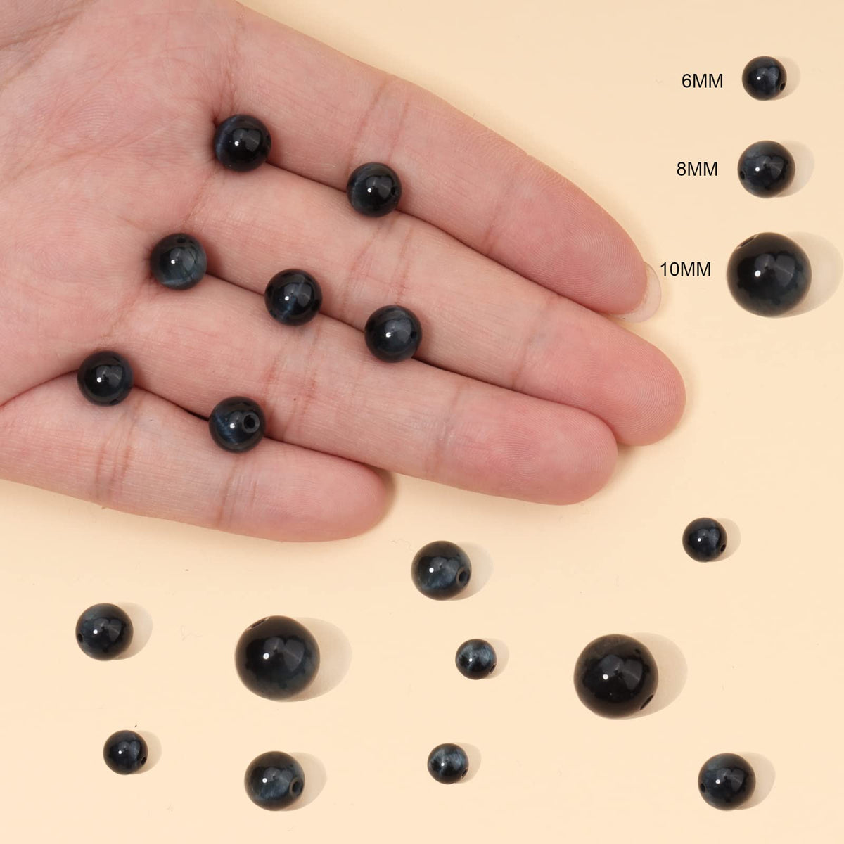 60pcs 6mm Natural Blue Black Tiger Eye Gemstone Beads Energy Healing Crystal Round Loose Stone Beads for Jewelry Making, DIY Bracelets Necklaces