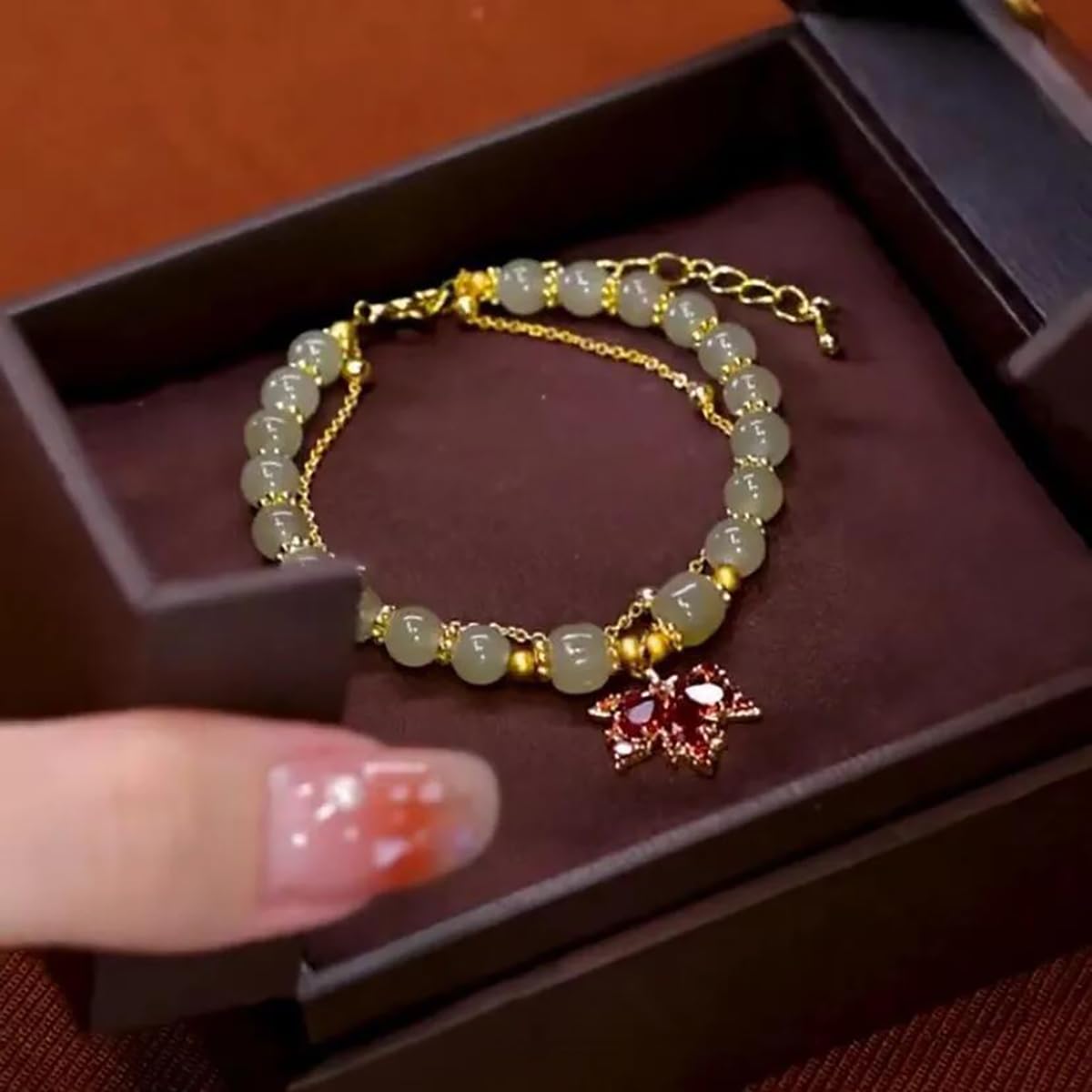 XIAOMOJEW Jade Beaded Bracelets for Women Fall Maple Pendant Bangle Bracelets Chinese Style Bangle Lucky Boho Jewelry (G Maple A)