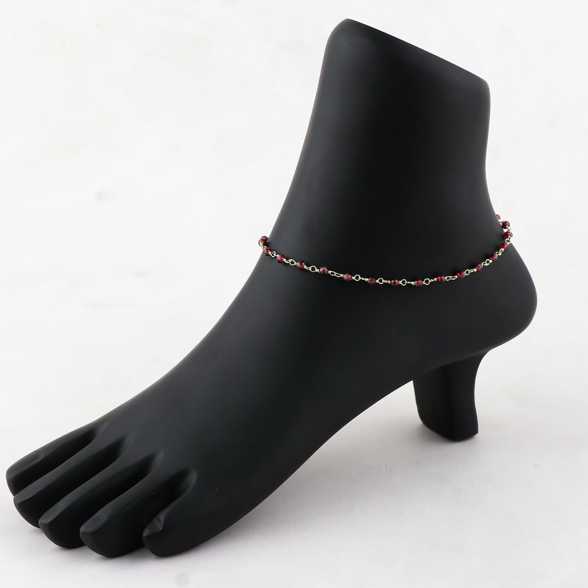 JOR Natural Garnet Beaded Rosary Anklet, Handmade Craft, Anklet Beads Bracelet, Chakra Healing Anklet, Gemstone Women Jewelry, Dainty Gold Plated Anklet 9 inch + 2 inch (1pcs)