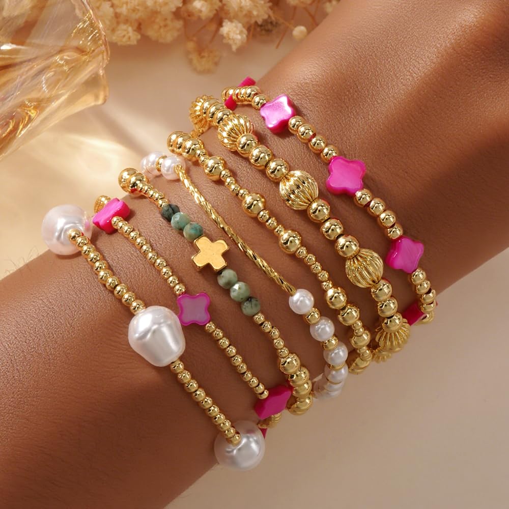 SHINUS BOHO 14K Gold Beaded Pink Clover Stackable Bracelets for Women,7PCS/Set Boho Cross Pearl Beads Stretch Bracelet Stack Fashion Holiday Birthday Prom Jewelry Accessories Gift Friendship Sister