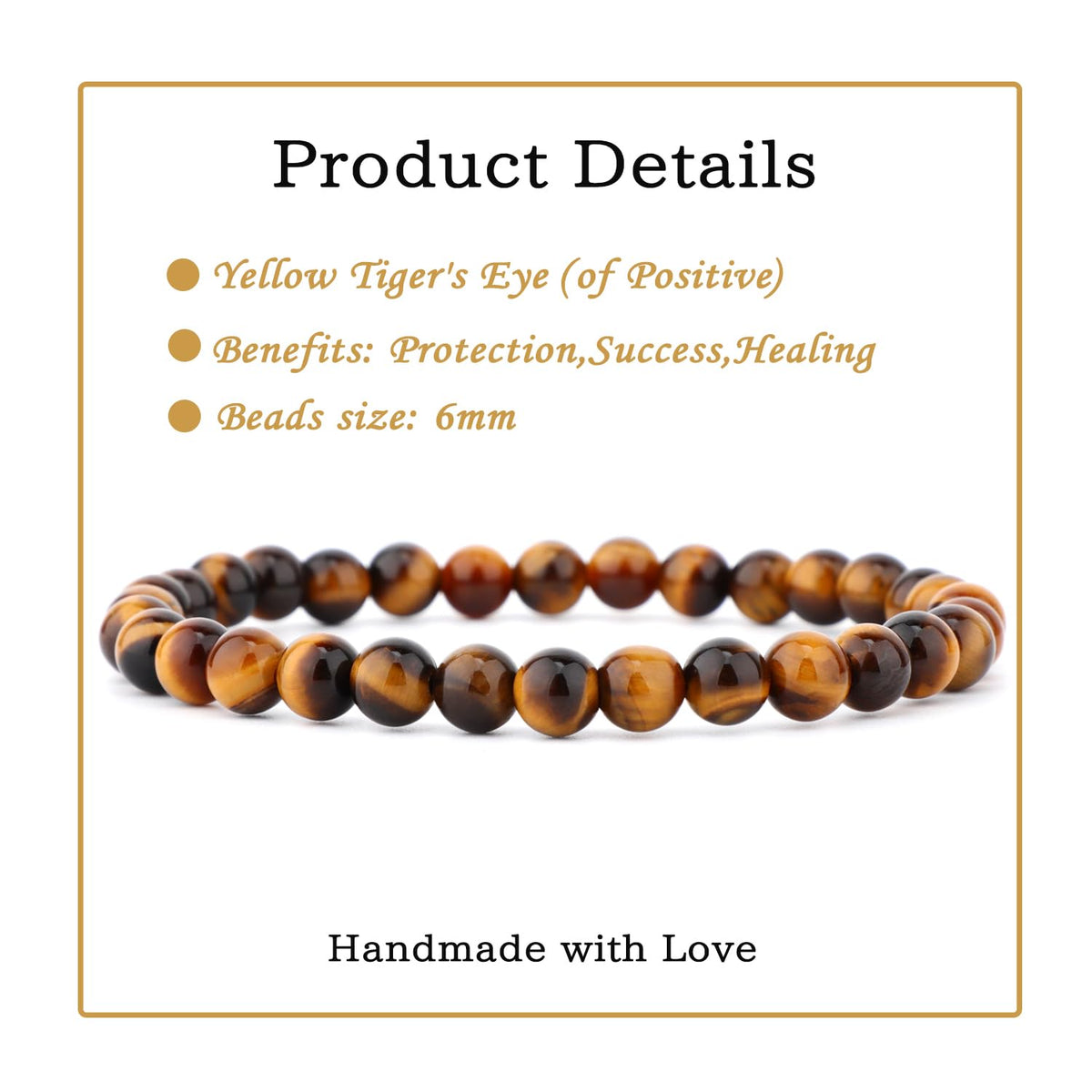 Bymitel 6mm Yellow Tiger's Eye - Handmade Reiki Gemstone Stretch Bracelet, Natural Beauty & Spiritual Essence, Crystal Healing for Unisex Adults