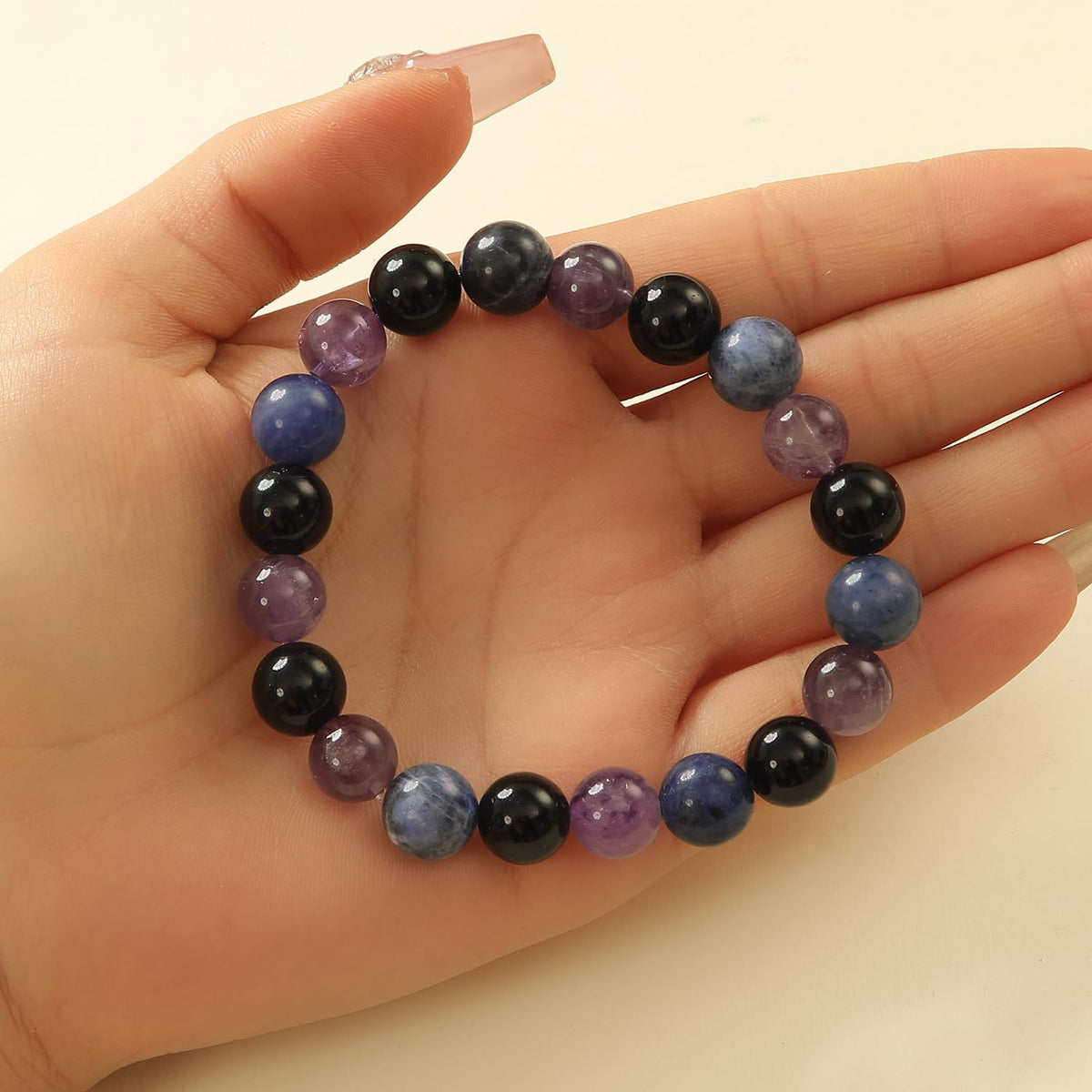 Crystal Vibe Empowerment Strength Confidence Bracelet – Amethyst, Black Obsidian & Sodalite Crystal - 10mm Beaded Bracelets For Men Women – Adjustable Size