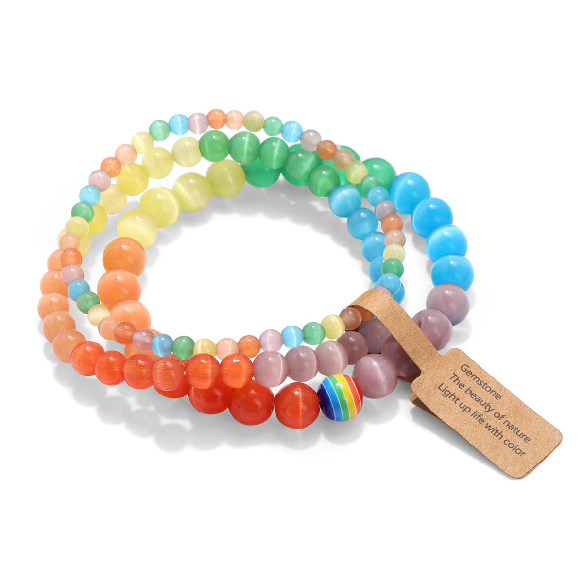 Risyfjew 3 PCS Healing Crystal Rainbow Bracelets for Women 8mm Natural Stone Beaded Stretch Bracelet Pride Jewelry Gifts