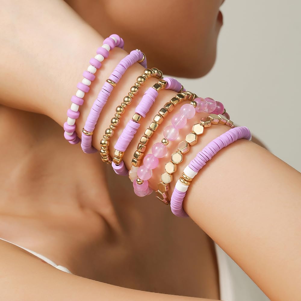 YEOSMINE Boho Heishi Clay Beaded Stretch Bracelets Stack For Women, Preppy Teens Friendship Gold Bracelets Cute Beach Surfer Accessories Bulk Set Trendy Fashion Jewelry