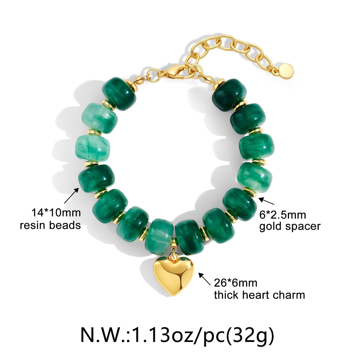 FAUTHENTICUTE Boho Green Beaded Bracelets for Women Chunky Bead Strand With A Small Gold Heart Charm Trendy Stacking Bracelet Gift Perfect Summer Beach Jewelry Gift