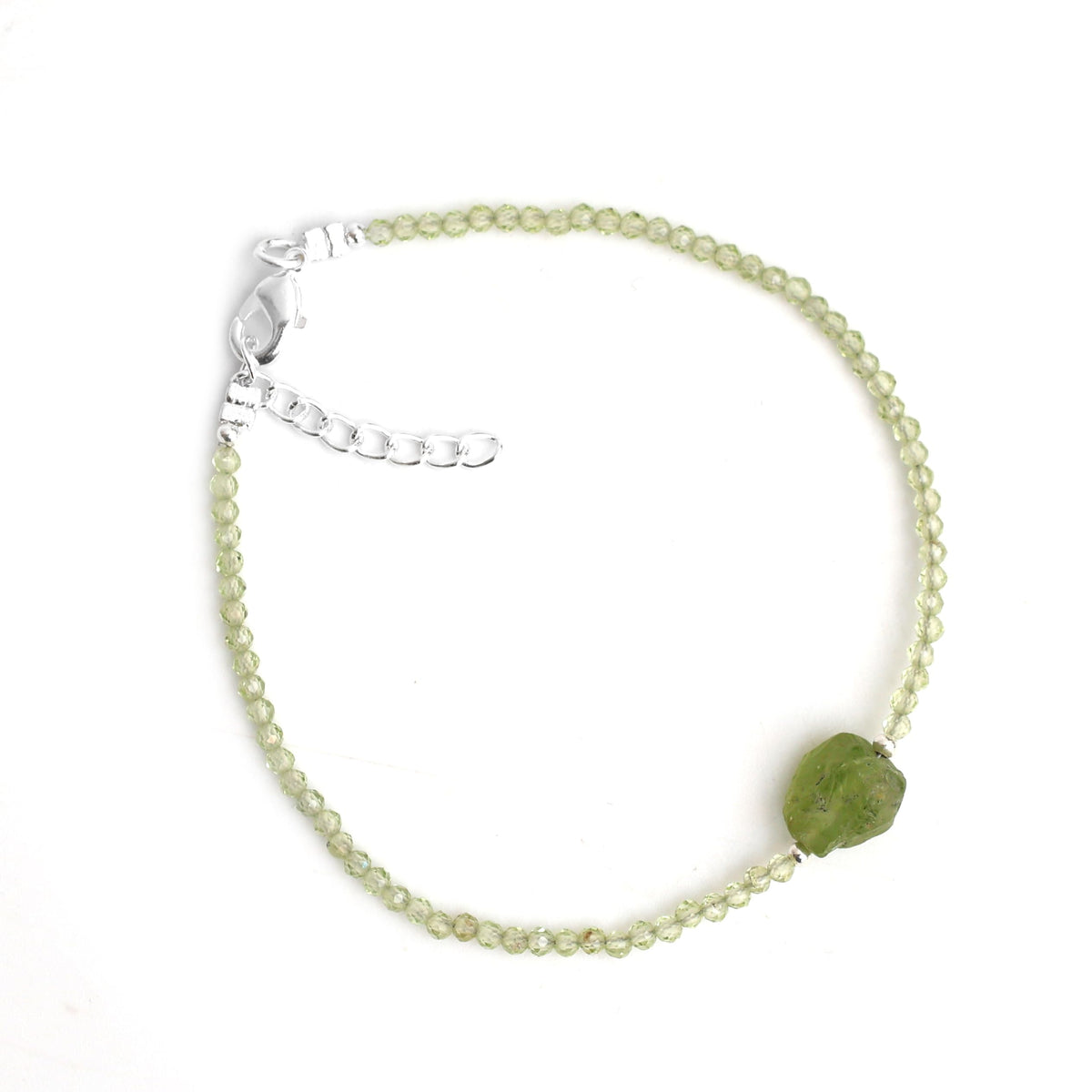 Gempires Natural Green Peridot Beads Bracelet with Raw Peridot Stone Jewelry August Birthstone Gemstone Gifts For Women Silver Plated 8 Inch Adjustable Chain