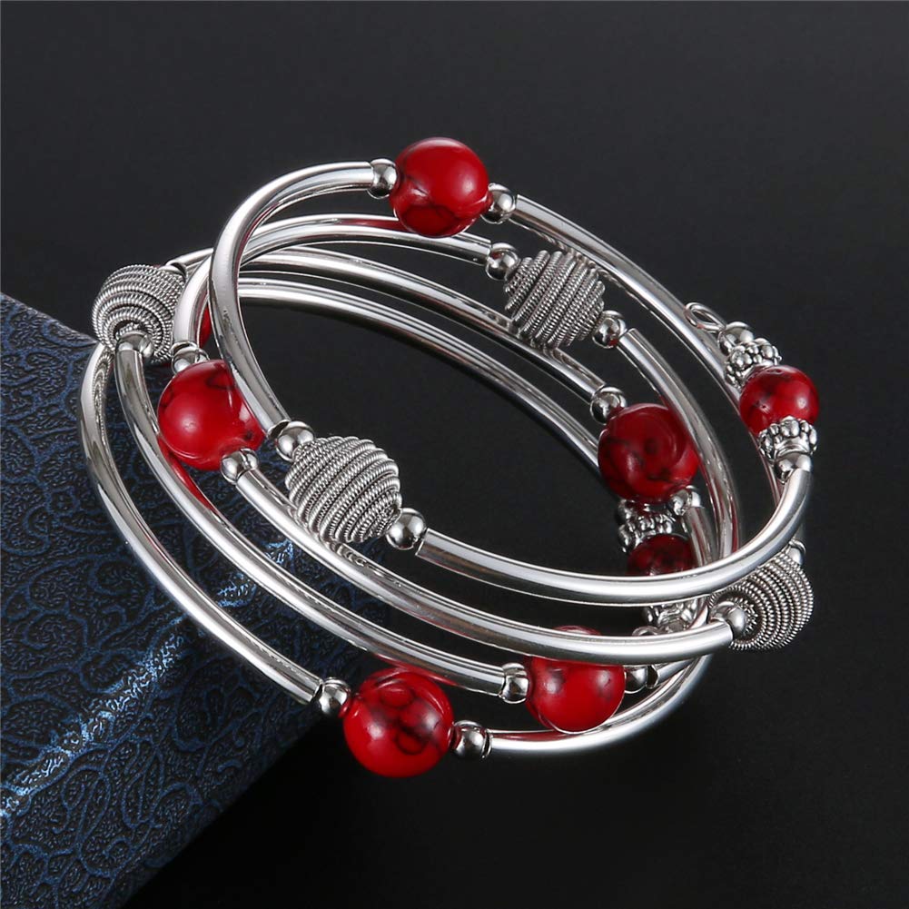 PEARL&CLUB Beaded Chakra Bangle Turquoise Bracelet - Fashion Jewelry Wrap Bracelet with Thick Silver Metal and Mala Beads, Birthday Gifts For Women(63-Red)
