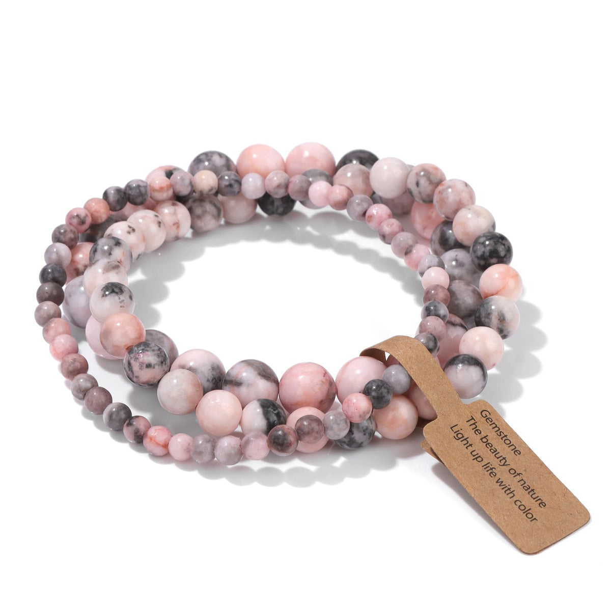 Risyfjew 3 PCS Natural Stone Beaded Stretch Bracelet 4mm 6mm 8mm Healing Crystal Bracelets Women Pink Zebra Jasper Jewelry Gift