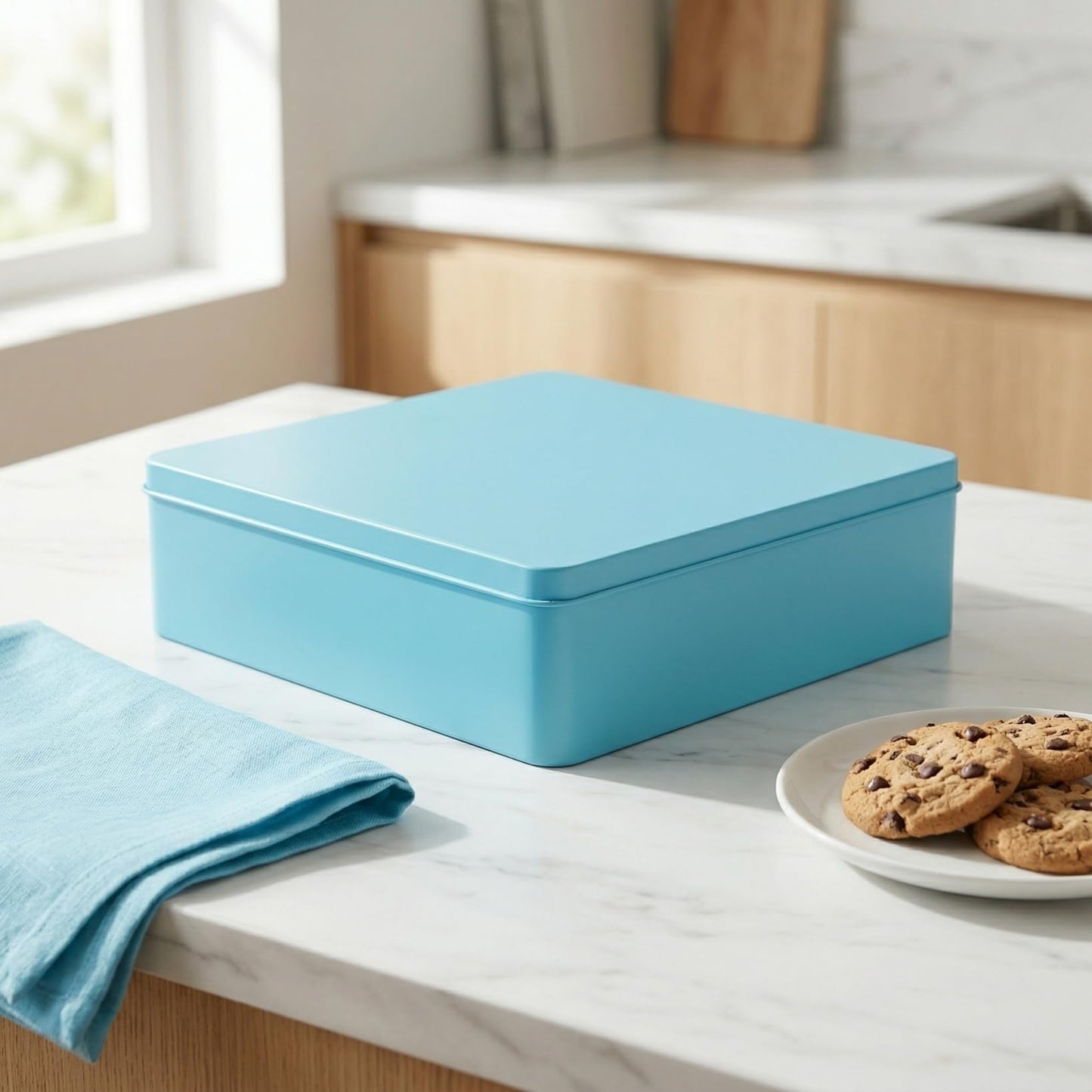 Ipetboom Large Square Tin Storage Box with Lid Extra Large Metal Container for Home Organization for Cookies Snacks and Packaging Sturdy Tinplate Blue