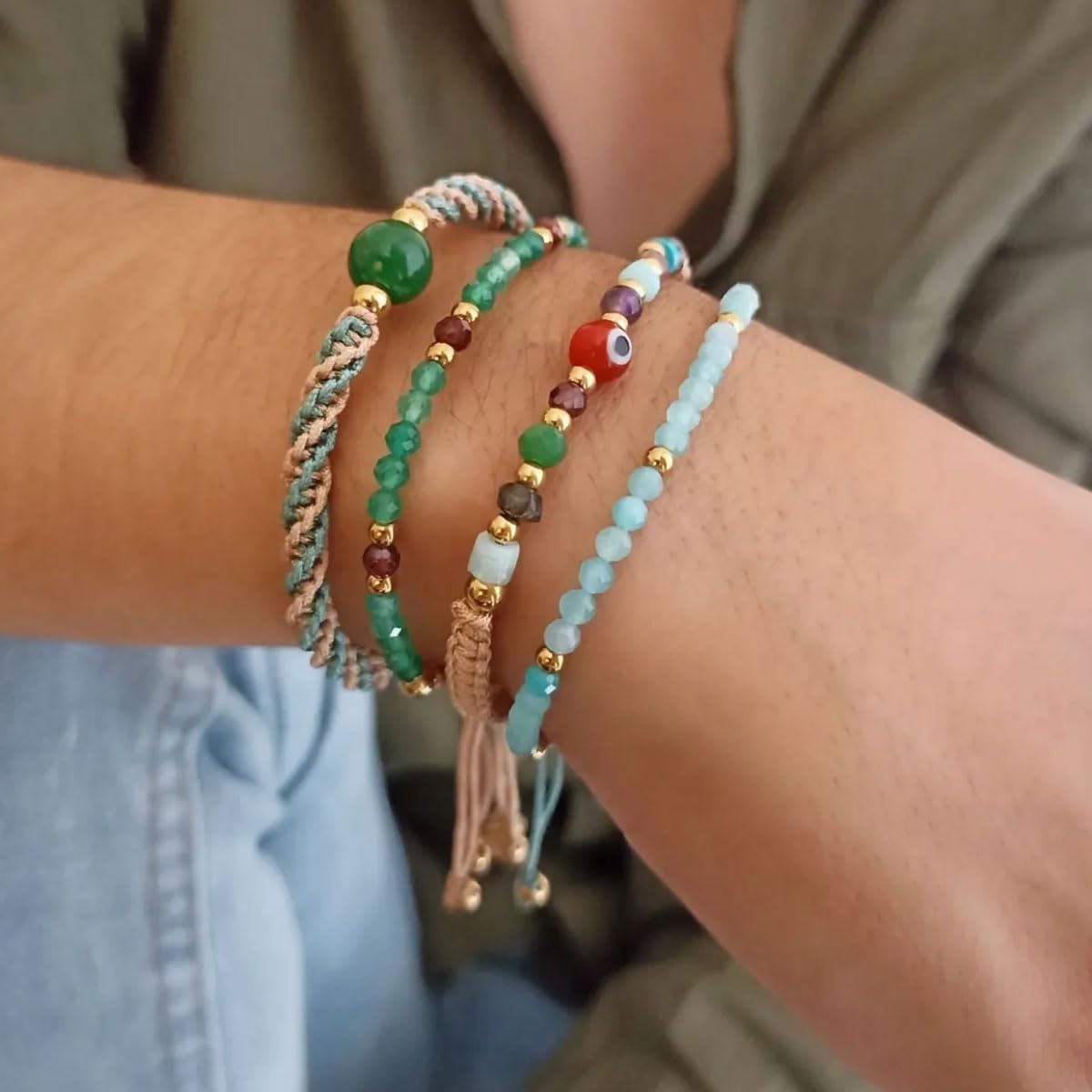 KELITCH Women Silver Stretch Bracelets Turquoise Beaded Bracelet Agate Crystal Cuff Bracelets