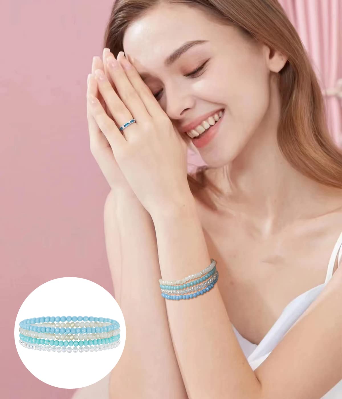 Noessla Beaded Boho Stretch Bracelet Colorful Stackable Crystal Beads Bracelets Trendy Costume Jewelry Mothers Day Gifts for Women(Light blue)