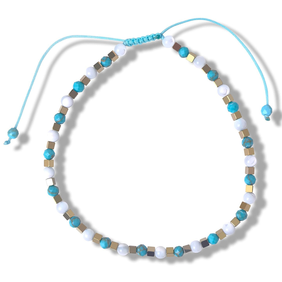 BEADSENER Stabilized Turquoise Adjustable Charming Bracelet for Women, 3mm Natural Shell Gemstone Hematite Stone Beads, Pull String Slider Metal Free Design Waterproof, Gift for Her Daily Wear
