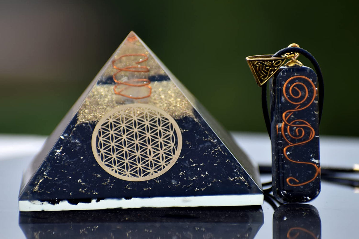 Real Crystal Black Tourmaline Orgonite Pyramid W/Flower of Life Healing Crystal Pendant, Pyramid Crystal Gemstone Pyramid for Meditation, Motivation, Positivity - Handmade in India