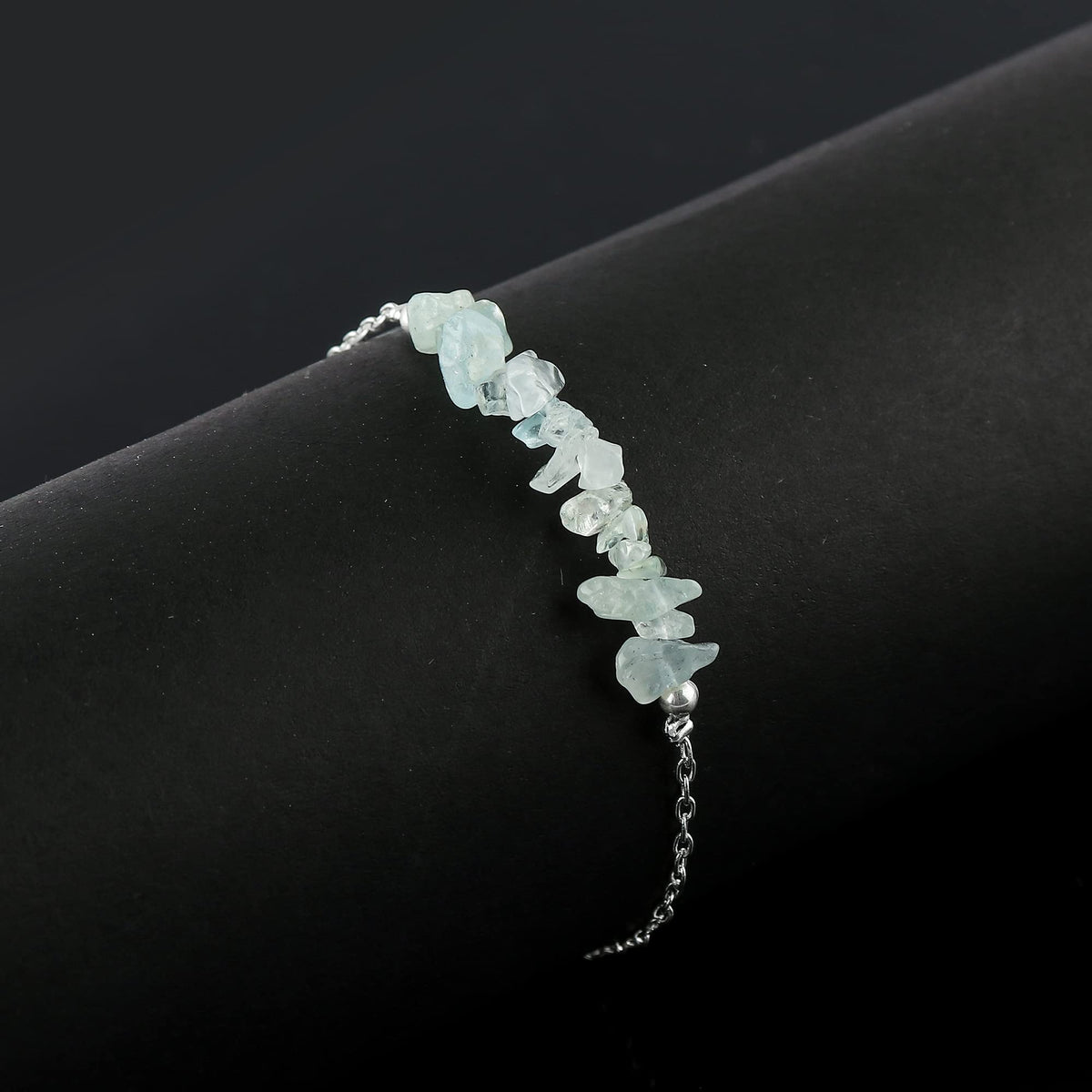Gemimpression Handmade Aquamarine Chips Bar Bracelet – Natural Energy Healing Crystals – Silver Plated Adjustable 8 Inch Chain – Christmas Gift