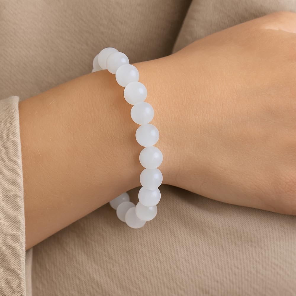 ANAYA AGATE Healing Crystal Bracelet – Chic Gemstone Bracelet for Men and Women – 8mm Round Bead Bracelets for Spiritual Healing, Protection, Positive Energy - Selenite