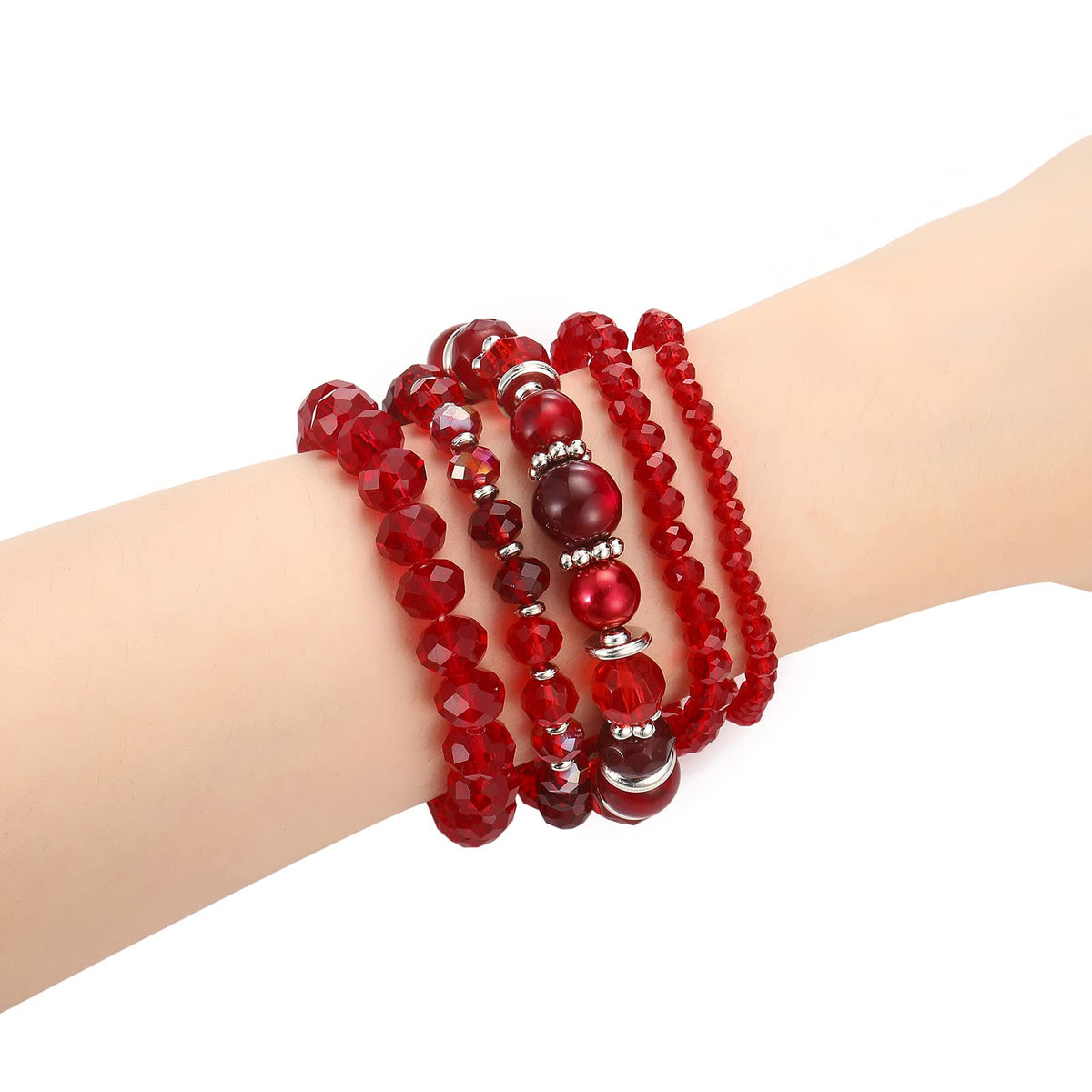 Noessla Beaded Boho Stretch Bracelet Colorful Stackable Crystal Beads Bracelets Trendy Costume Jewelry Mothers Day Gifts for Women(21-Red)