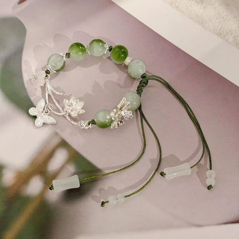 Nyx&lvy Women's Elegant Green Jade Beaded Bracelet Set - 3-Piece Exquisite Crystal Lucky Charm Chinese Style Jewelry Collection
