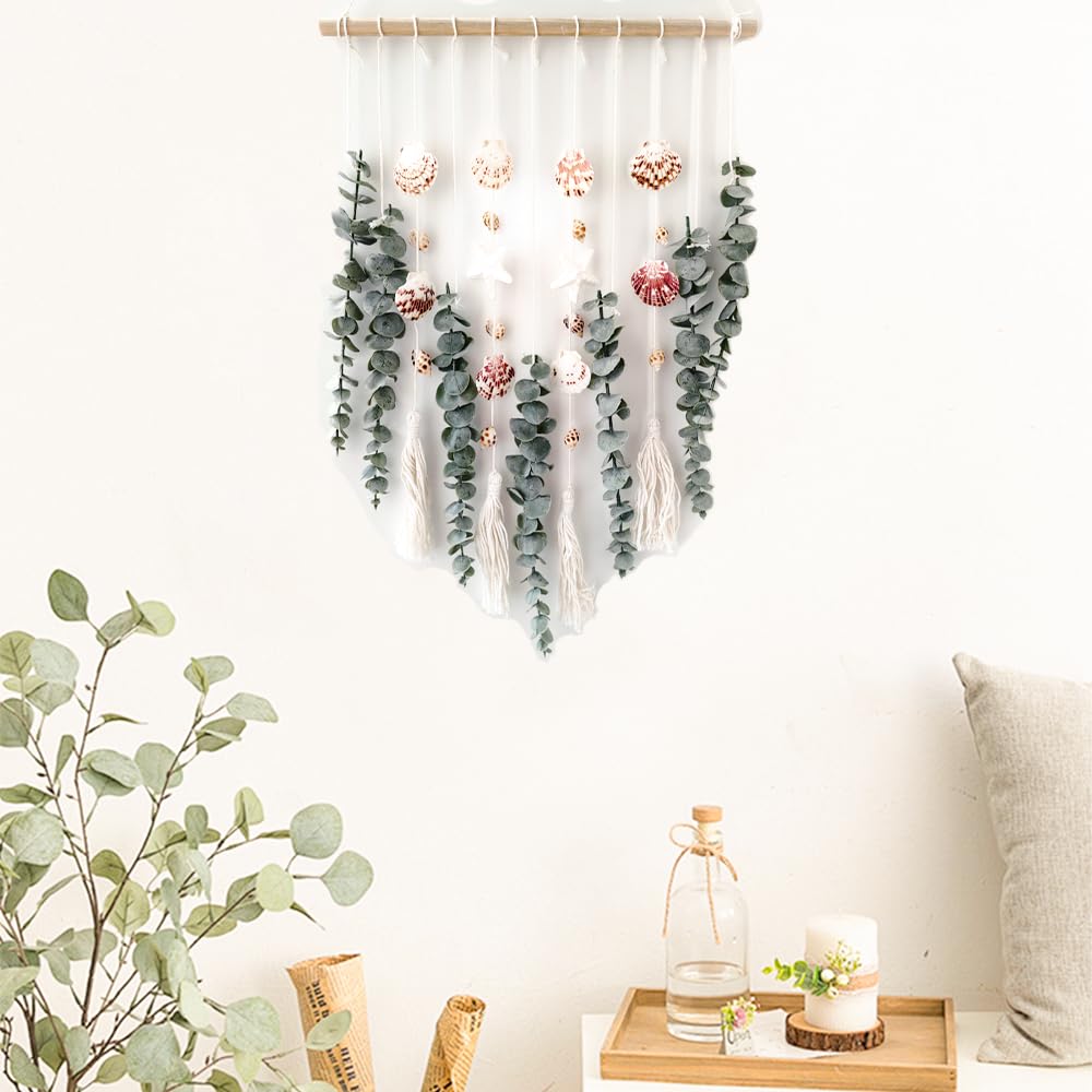 Artificial Eucalyptus Wall Hanging Decor, with Wooden Stick,Chic Boho Rustic Home wall Art Decor for Bathroom Bedroom Office Living Room (Artificial Eucalyptus Cream Tassels with Shells)