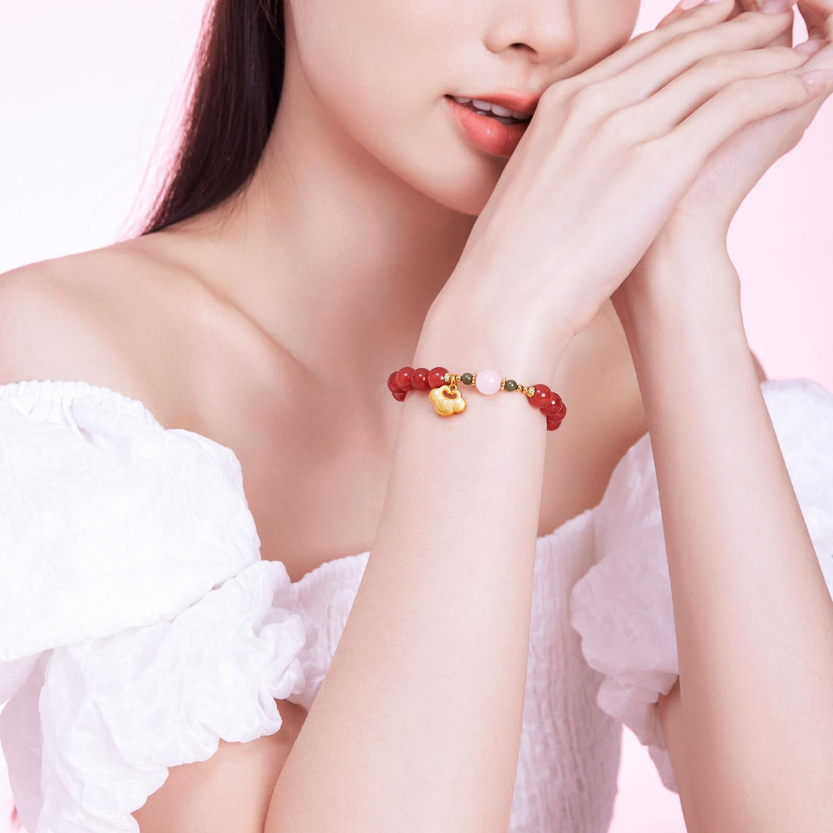 ZHOU LIU FU Agate Bracelet Beaded Stretch Bracelets with Good Lock Charm Silver Natural Gemstone Healing Bracelet Red Agate & Pink Agate Accessory for Women