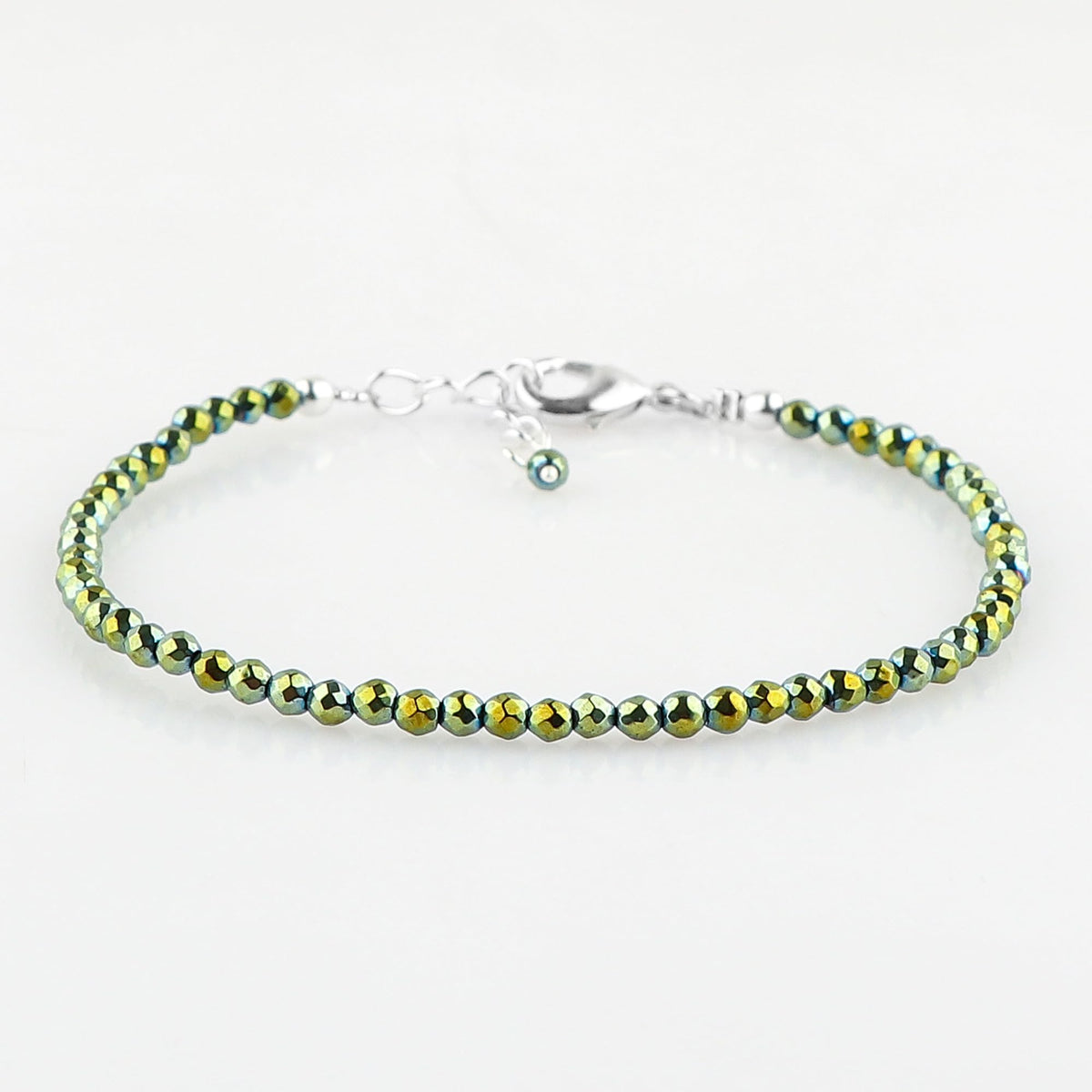 CRYSTALINES Genuine Green Hametite Gemstone Bracelet, Faceted Beads Stones, Hypoallergenic Handmade Boho Jewelry for Women, Healing Crystals, Adjustable Silver Chain 7+1inch, Birthday Gift