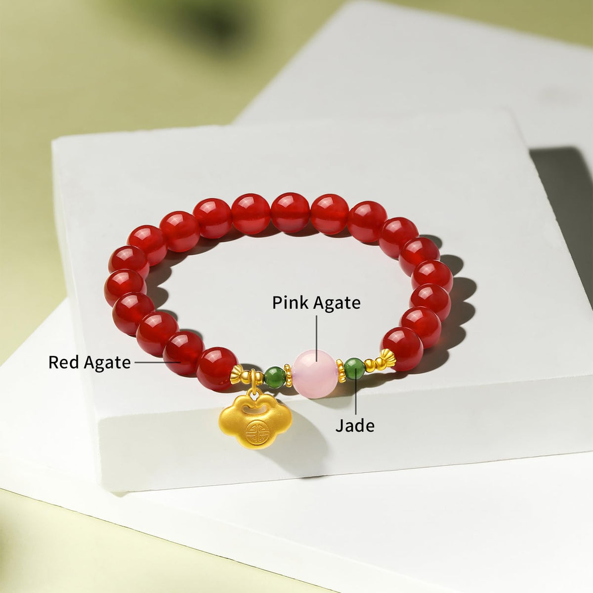 ZHOU LIU FU Agate Bracelet Beaded Stretch Bracelets with Good Lock Charm Silver Natural Gemstone Healing Bracelet Red Agate & Pink Agate Accessory for Women