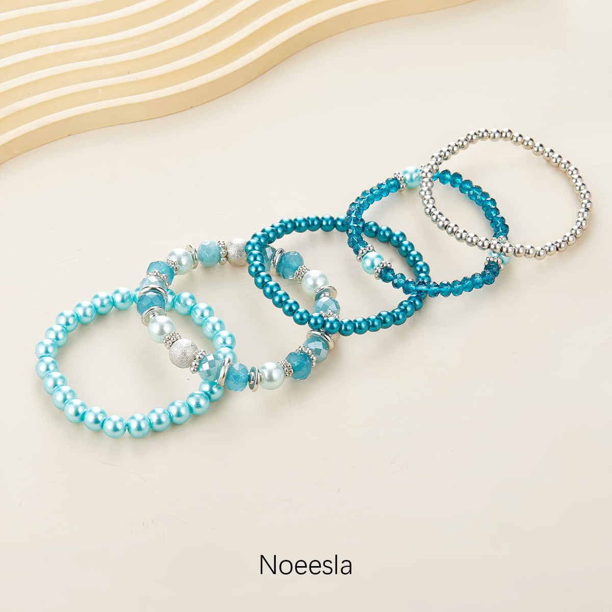 Noessla Beaded Pearl Stretch Bracelet Silver Stackable Crystal Beads Bracelets Trendy Costume Jewelry Mothers Day Gifts for Women(Turquoise)