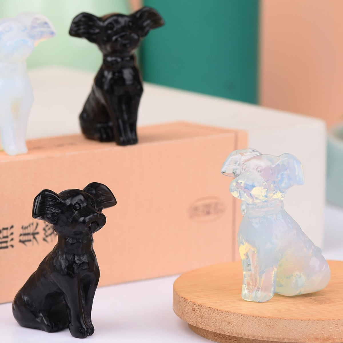 Ytbeoxk 1.8 Inch Opal Dog Crystal Figurines Home Decor,Hand-Carved Healing Crystals,White Dog Cute Puppy Statues Stone Energy Gemstones,in Bedroom Office Memorial Gifts for Women and Men