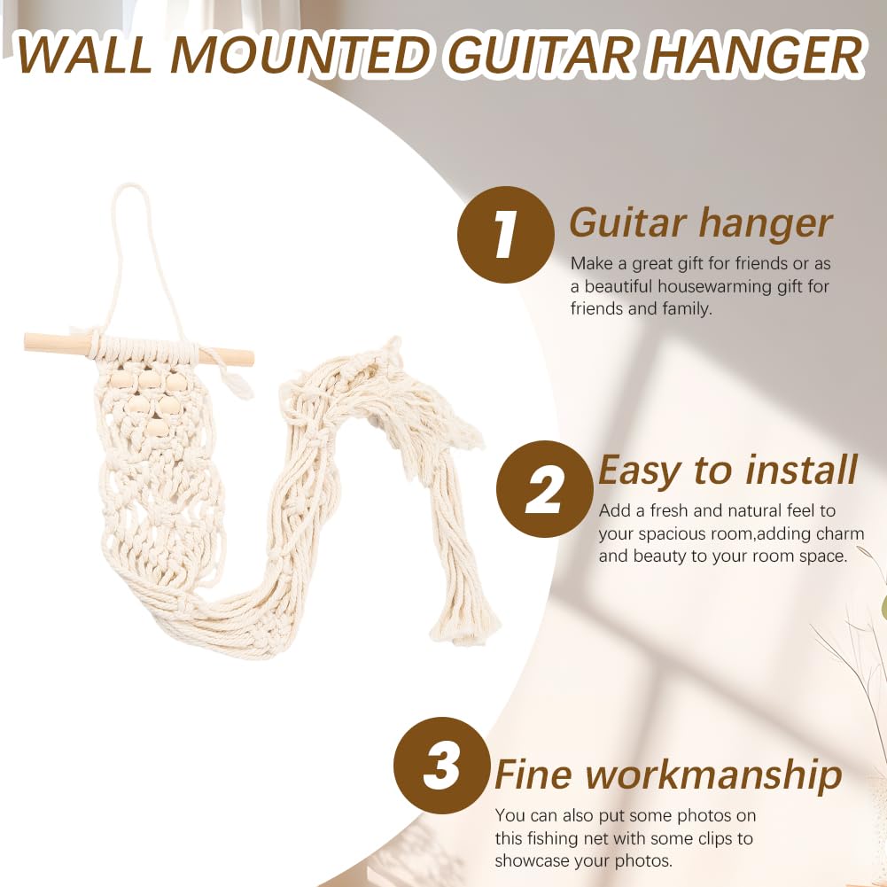 CREATCABIN Ukulele Wall Mount Hanger White Macrame Guitar Wall Hanger 7.87" x 37.4" Cotton Boho Hanging Stand Holders Hangers Alternative Kit with Wood Head for Acoustic Electric Guitars Walls Decor