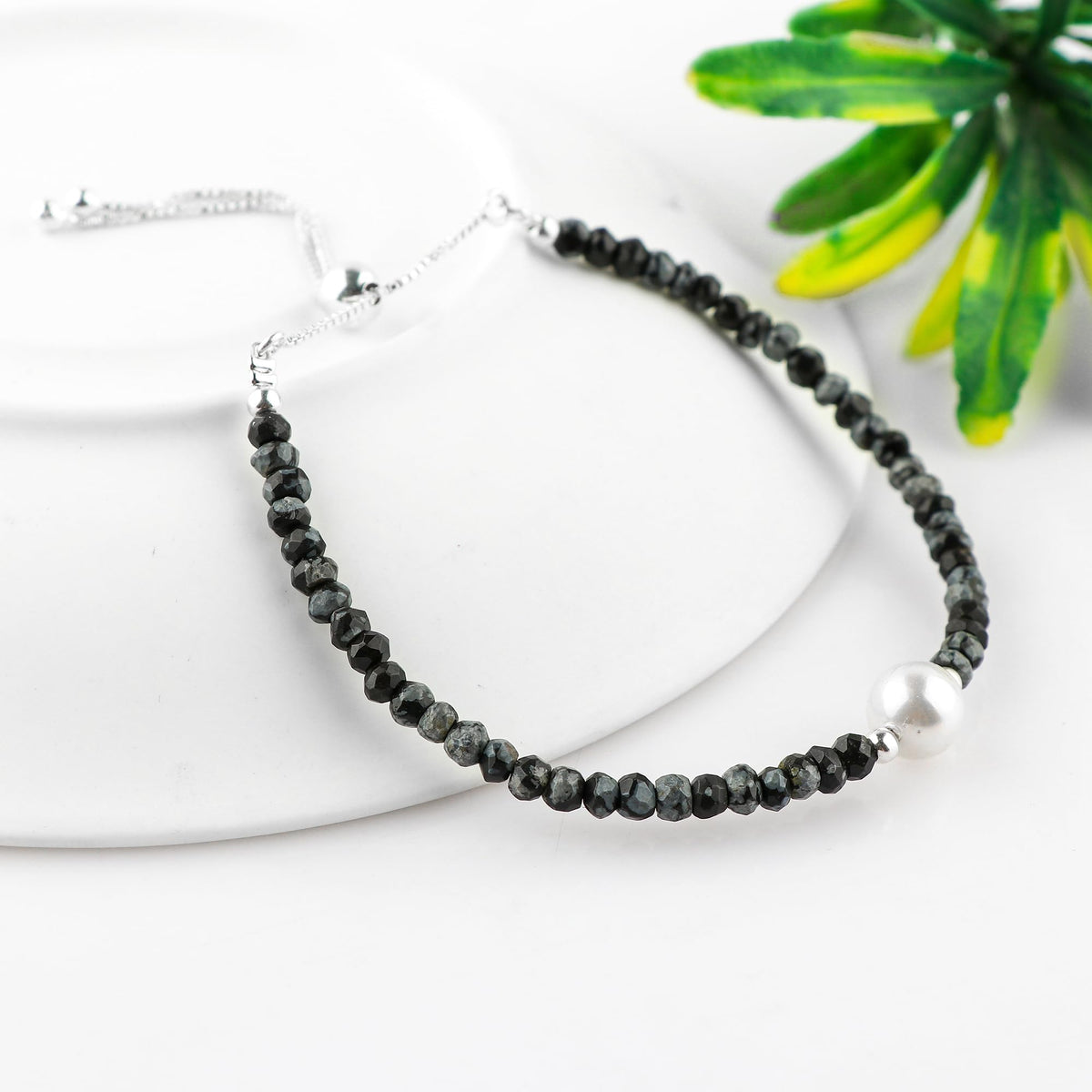 CRYSTALINES Natural Snowflake Obsidian Gemstones Bolo Bracelet | Cultured Pearl Beads | Handmade Beaded Jewelry | Adjustable Silver Chain | Healing Crystal | Gift for Women | 10inch