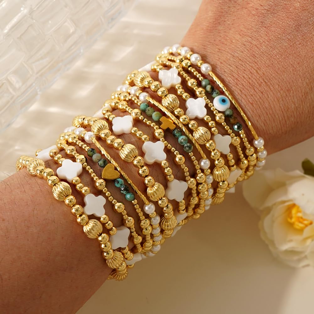 SHINUS BOHO Heart Gold Beaded Clover Pearl Bracelet Stack for Women,Bohemian Stretch Latern Beads Stackable Bracelets Set Fashion Prom Holiday Accessories Jewelry Gift Friendship